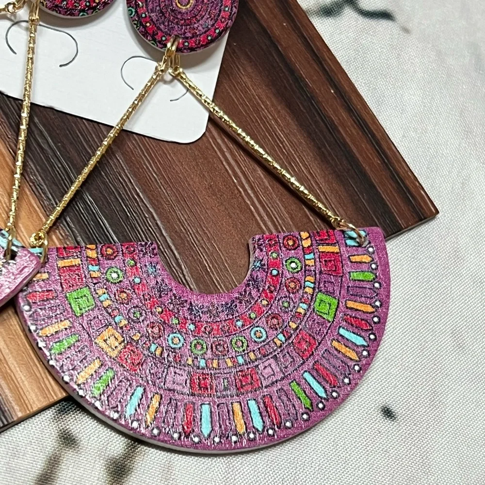Wooden artisan made Colorful Geometric‎ Earrings purple tones festival